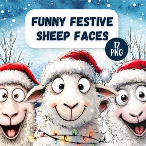 Lustige festliche Schaf-Gesichter 12 PNG Clipart Bündel + 3 Hintergründe | Transparente Hintergründe | Niedliche Weihnachtsschafe | Kartengestaltung