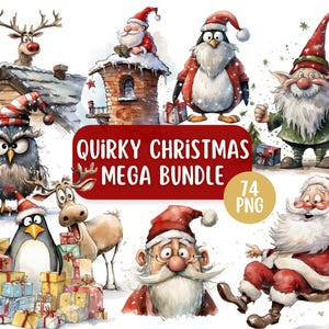 74 PNG Quirky, Cute & Funny Christmas Character Mega Bundle | Transparent Background | Commercial Use | Santa, Reindeer, Penguin, Owl, Gnome