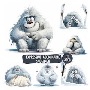 May include: A collection of six illustrations featuring white, furry abominable snowmen with expressive faces. The text "EXPRESSIVE ABOMINABLE SNOWMEN" and "11 JPEG" is displayed in the center. The characters are shown in various poses, including sitting, hiding, and smiling, with some set against snowy backgrounds.