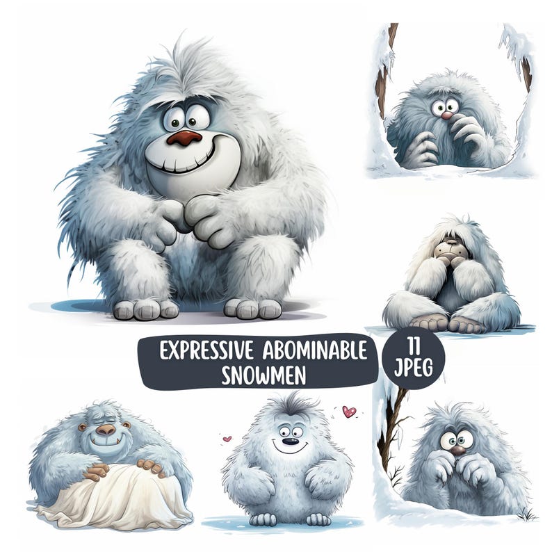 May include: A collection of six illustrations featuring white, furry abominable snowmen with expressive faces. The text "EXPRESSIVE ABOMINABLE SNOWMEN" and "11 JPEG" is displayed in the center. The characters are shown in various poses, including sitting, hiding, and smiling, with some set against snowy backgrounds.