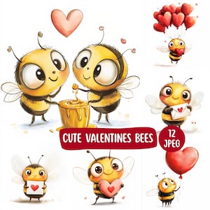Lindo paquete de imágenes prediseñadas de abejas de San Valentín / Abejas de acuarela / Imágenes prediseñadas del Día de San Valentín / Imágenes prediseñadas del Día de la Madre