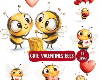 Cute Valentines Bees Clipart Bundle | Watercolour Bees | Valentines Day Clipart | Mothers Day Clipart