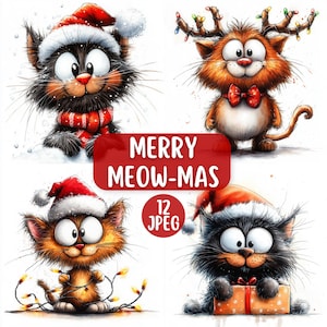 Cute & Funny Christmas Cat Clipart Bundle | JPEG Festive Animal Clipart| Printable Watercolour Christmas Art | Christmas Card Making Designs