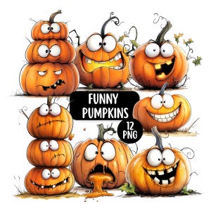 Pode incluir: Uma coleção de ilustrações de abóboras laranja com rostos de desenho animado, incluindo abóboras empilhadas e individuais com várias expressões, com o texto FUNNY PUMPKINS 12 PNG no centro da imagem.