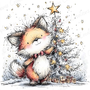 May include: A whimsical illustration of a fox with orange and white fur, wearing a pink bow tie, standing next to a decorated Christmas tree. The tree is adorned with ornaments and a star on top. Presents are at the base of the tree, with falling stars in the background.