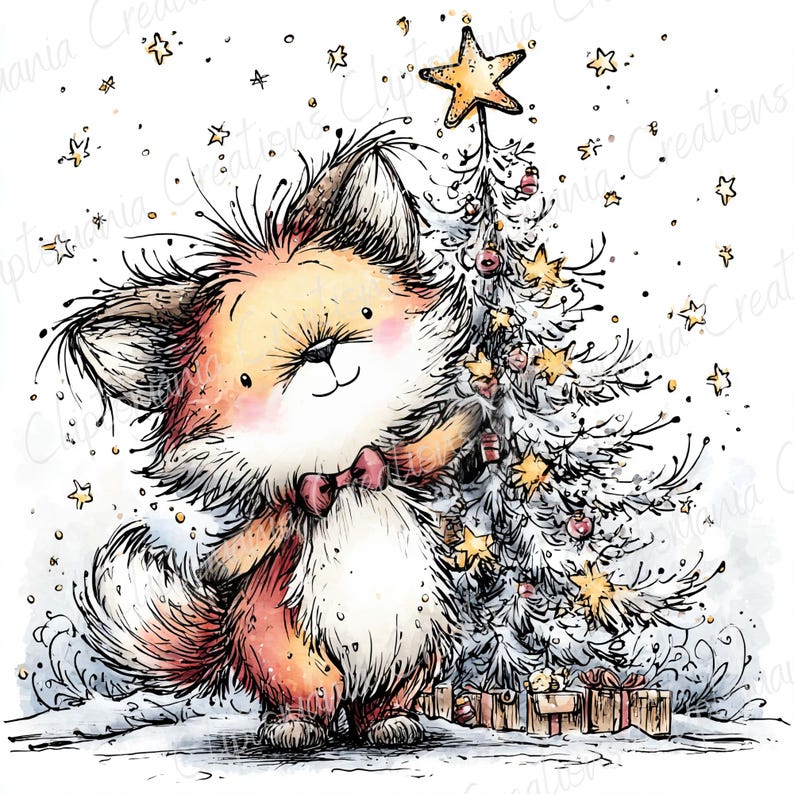 May include: A whimsical illustration of a fox with orange and white fur, wearing a pink bow tie, standing next to a decorated Christmas tree. The tree is adorned with ornaments and a star on top. Presents are at the base of the tree, with falling stars in the background.