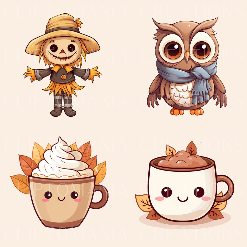 May include: Four cartoon illustrations featuring autumnal themes: a scarecrow with a straw hat, an owl wearing a blue scarf, a cup of coffee with whipped cream and autumn leaves, and a cup of hot chocolate with autumn leaves.