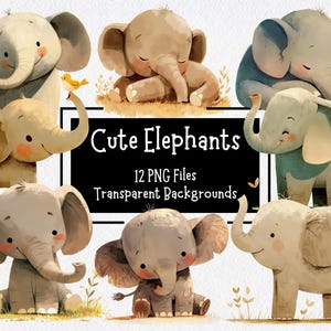 Süße Elefant Clipart Bundle 12 PNG-Dateien | Transparente Hintergründe | Kinder Clipart | Printable Kinderzimmer Grafiken | Kartengestaltung