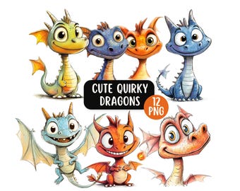 Cute Dragon Clipart Bundle 12 PNG, Funny Watercolour Dragon PNG, Commercial Use, Fantasy Clipart, Printable Quirky Cartoon Dragons