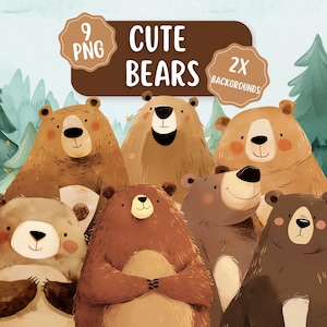 Paquete de 9 imágenes PNG de osos lindos y 2 fondos de bosque / Oso de acuarela PNG / Imágenes prediseñadas para niños / PNG de bosque / Diseños para hacer tarjetas