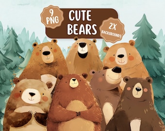 Paquete de imágenes prediseñadas de ositos adorables: 9 imágenes PNG y 2 fondos de bosque / Oso en acuarela PNG / Imágenes prediseñadas para niños / Bosque PNG / Diseños para hacer tarjetas
