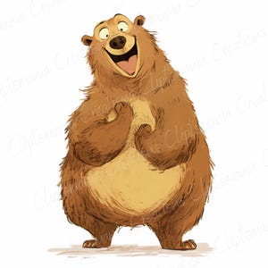 Pu&ograve; includere: Un'illustrazione di un orso marrone con un grande sorriso, in piedi su tutte e quattro le zampe e che guarda in alto. L'orso ha un naso marrone chiaro e una pancia marrone chiaro.
