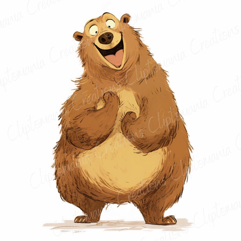 Pu&ograve; includere: Un'illustrazione di un orso marrone con un grande sorriso, in piedi su tutte e quattro le zampe e che guarda in alto. L'orso ha un naso marrone chiaro e una pancia marrone chiaro.