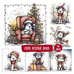 May include: A collection of watercolor illustrations featuring cute dogs in festive holiday scenes. One dog is in a Santa hat, sitting in a chair near a Christmas tree. The text "Cute Festive Dogs" is displayed.