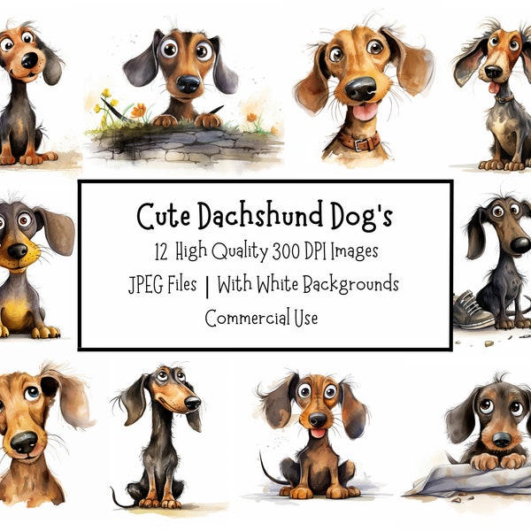 Cute Dachshund Dog Clipart Bundle | 12 High Quality 300DPI Images | Commercial Use | Digital Download | Junk Journal | Paper Craft