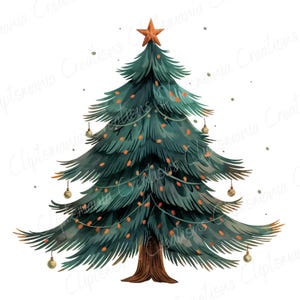 K&ouml;nnte beinhalten: Ein Aquarellbild eines gr&uuml;nen Weihnachtsbaums mit einem roten Stern oben. Der Baum ist mit goldenen Kugeln und orangefarbenen Lichtern geschm&uuml;ckt.