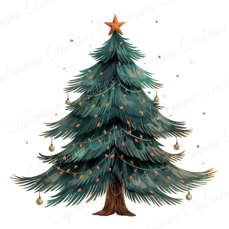 K&ouml;nnte beinhalten: Ein Aquarellbild eines gr&uuml;nen Weihnachtsbaums mit einem roten Stern oben. Der Baum ist mit goldenen Kugeln und orangefarbenen Lichtern geschm&uuml;ckt.