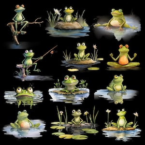 May include: A digital illustration of 10 green frogs in various poses. Some frogs are sitting on lily pads, others are on rocks, and one is even meditating. The frogs are all surrounded by water and greenery.