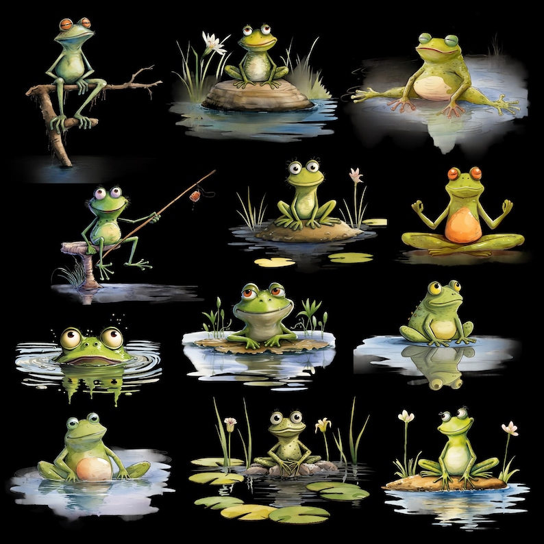 May include: A digital illustration of 10 green frogs in various poses. Some frogs are sitting on lily pads, others are on rocks, and one is even meditating. The frogs are all surrounded by water and greenery.