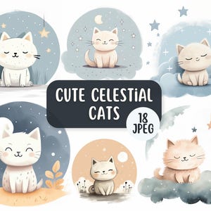 Słodkie akwarelowe koty 18 JPEG Clipart Bundle | Projekty do tworzenia kartek | Użytek komercyjny | Gwiazdy i księżyc | Niebiańskie drukowane dziecięce Clipart
