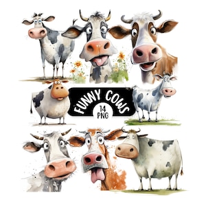 Funny Cow PNG Clipart Bundle, Transparent Backgrounds, Funny Farm Animal Graphics, Quirky Cow Clipart, Commercial Licence, Digital Crafting