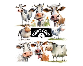 Funny Cow PNG Clipart Bundle, Quirky Farm Animal PNG Graphics, Cute Cow Clipart, Whimsical Clipart, Watercolour Clipart, Digital Download