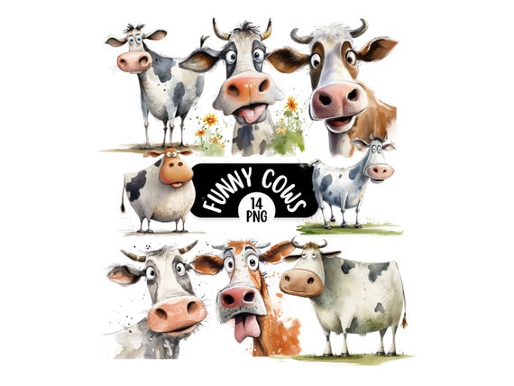 Funny Cow PNG Clipart Bundle, Quirky Farm Animal PNG Graphics, Cute Cow Clipart, Whimsical Clipart, Watercolour Clipart, Digital Download