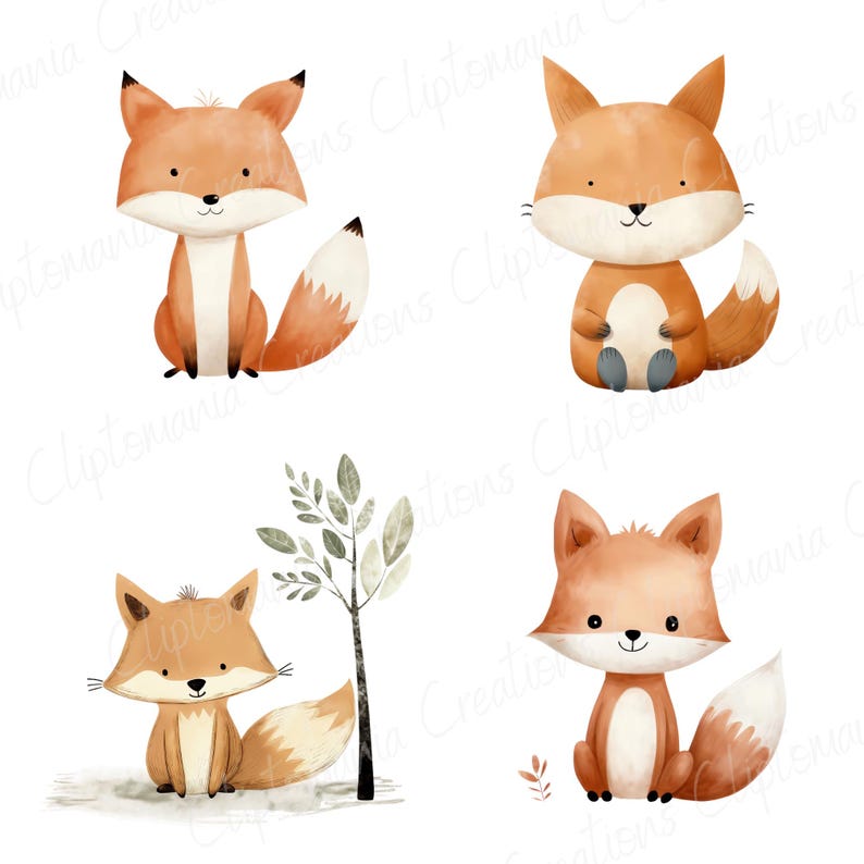 Cute Watercolour Fox Clipart Bundle 12 PNG, Transparent Backgrounds, Commercial Use, Woodland Animal, Children's Clipart, Nursery Decor image 11
