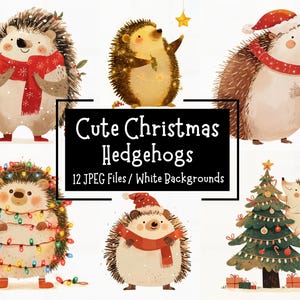 Lindo paquete de imágenes prediseñadas de erizo navideño, 12 diseños JPEG, erizos de dibujos animados para imprimir, uso comercial, manualidades digitales, diario basura