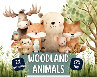 Süße Waldtiere 32 PNG Bundle | Transparente Hintergründe | Kinderzimmer Dekor | Wald Tiere, Fuchs, Igel, Eule, Hase, Reh