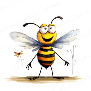 May include: A cartoon bee with a yellow and black striped body, large eyes, and a big smile. The bee has wings and is standing on a wooden surface.