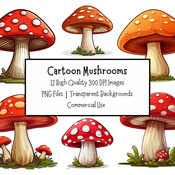 Cartoon Mushroom Clipart Bundle | 12 Toadstool PNG Files With Transparent Backgrounds And Commercial Licence | Mushroom Sublimation Designs