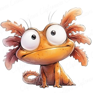 May include: A cartoon axolotl illustration in orange and brown tones. The axolotl features large eyes, feathery gills, and a friendly expression. The image is a digital illustration with a white background, suitable for various applications.