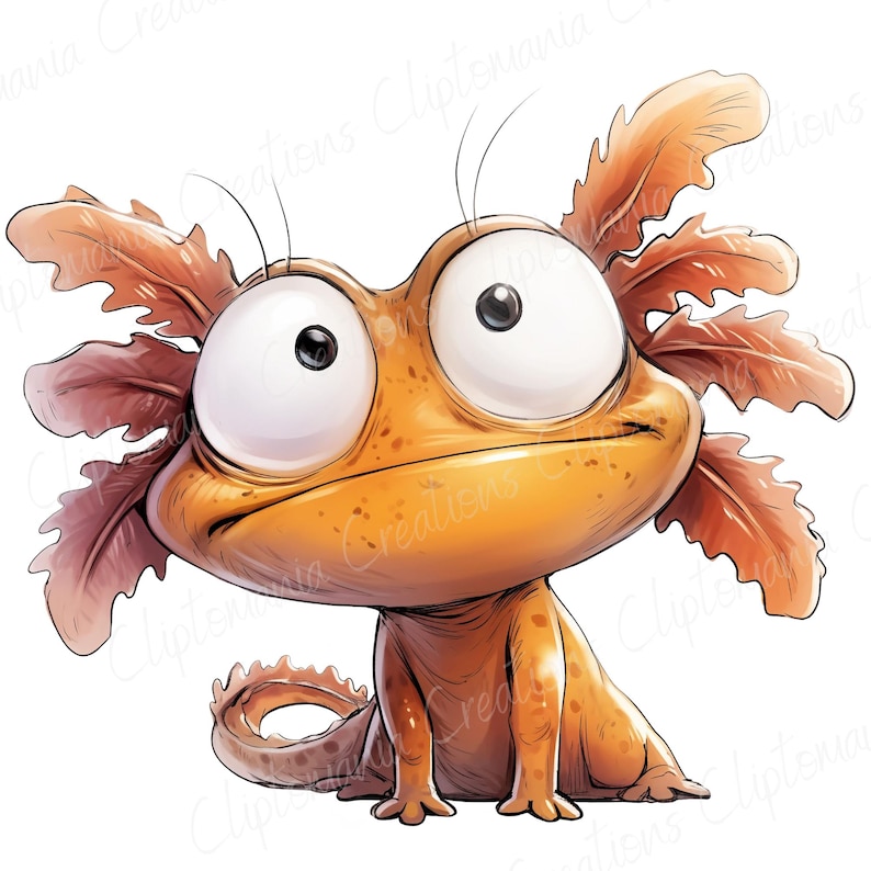 May include: A cartoon axolotl illustration in orange and brown tones. The axolotl features large eyes, feathery gills, and a friendly expression. The image is a digital illustration with a white background, suitable for various applications.