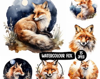 Aquarell Fuchs Clipart Bundle | 15 JPEG | Scrapbook & Kartenherstellung | Waldtiere Clipart