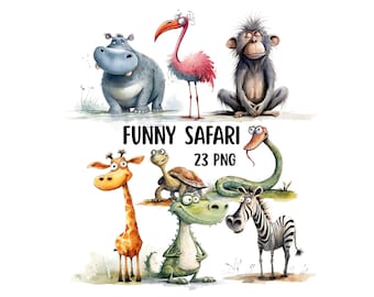 Roliga safaridjur PNG Clipart-paket, söta safaridjur Clipart, akvarell Clipart, roliga djurgrafik, digital nedladdning