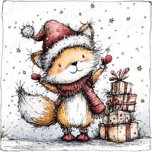 May include: A watercolor illustration of a cheerful fox wearing a Santa hat, scarf, and mittens, standing next to a stack of wrapped gifts. The fox is orange and white with a red hat and scarf. Snowflakes and stars are scattered around the fox.