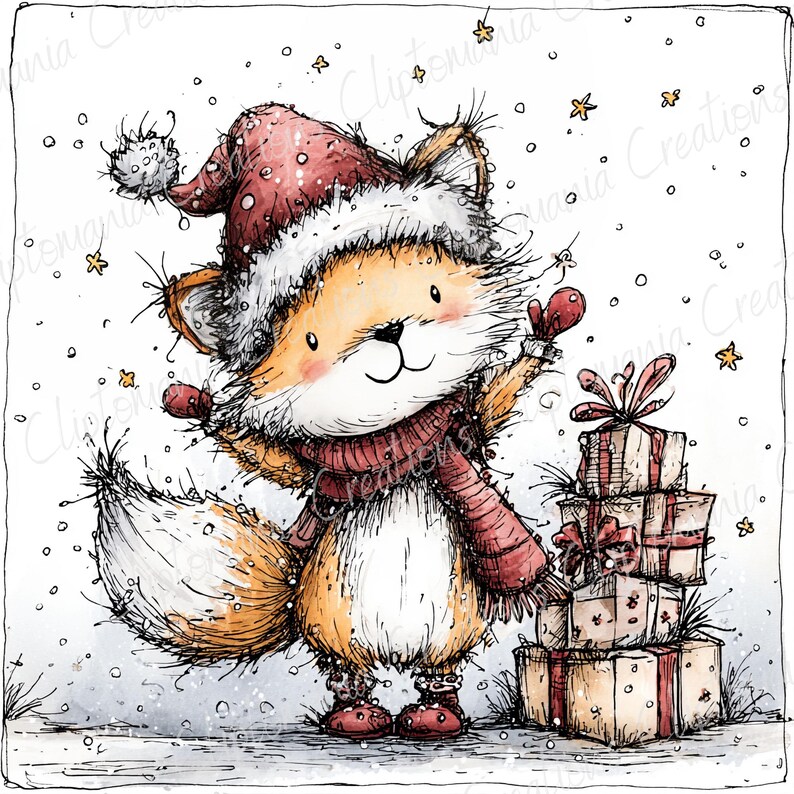 May include: A watercolor illustration of a cheerful fox wearing a Santa hat, scarf, and mittens, standing next to a stack of wrapped gifts. The fox is orange and white with a red hat and scarf. Snowflakes and stars are scattered around the fox.