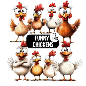Grappige kip PNG clipart bundel, grappige boerderij dieren clipart, grappige vogel clipart, leuke en eigenzinnige kippen bundel digitale download