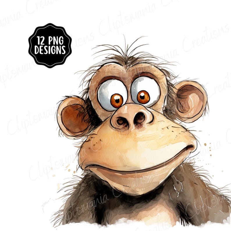 Cute And Funny Monkey Faces PNG Clipart Bundle, Transparent Backgrounds, Funny Jungle Animal Clipart, Quirky Watercolour Monkey Graphics image 7