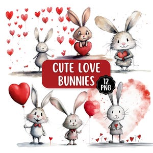 Paquete de imágenes prediseñadas de conejito lindo, imágenes prediseñadas de San Valentín, imágenes prediseñadas del Día de la Madre, imágenes prediseñadas de corazón de amor lindo, descarga digital, imágenes prediseñadas de amor imagen 1