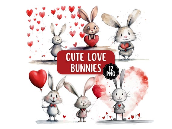 Cute Bunny PNG Clipart Bundle, Transparent Backgrounds, Commercial Use Valentines Day Clipart | Mothers Day Clipart | Cute Love Heart PNG