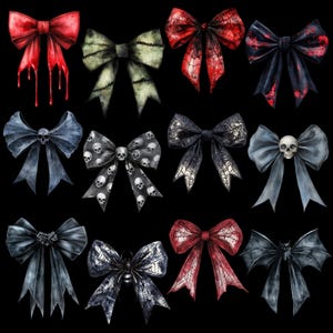 May include: A collection of spooky, gothic-themed bows in various colors and designs. Some bows feature dripping blood, spiderwebs, skulls, and bats. The bows are in shades of red, black, gray, and green, perfect for Halloween or alternative fashion.