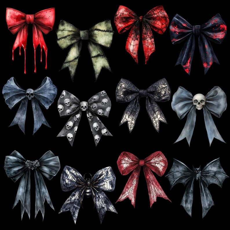 May include: A collection of spooky, gothic-themed bows in various colors and designs. Some bows feature dripping blood, spiderwebs, skulls, and bats. The bows are in shades of red, black, gray, and green, perfect for Halloween or alternative fashion.