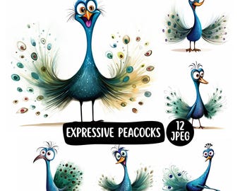 Pacchetto di clipart di pavoni divertenti (12 JPEG), clipart di uccelli divertenti, illustrazioni di animali divertenti, uso commerciale, carta, scrapbooking digitale