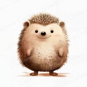 May include: A cute cartoon hedgehog with brown fur and a big smile. The hedgehog is standing on a white background.