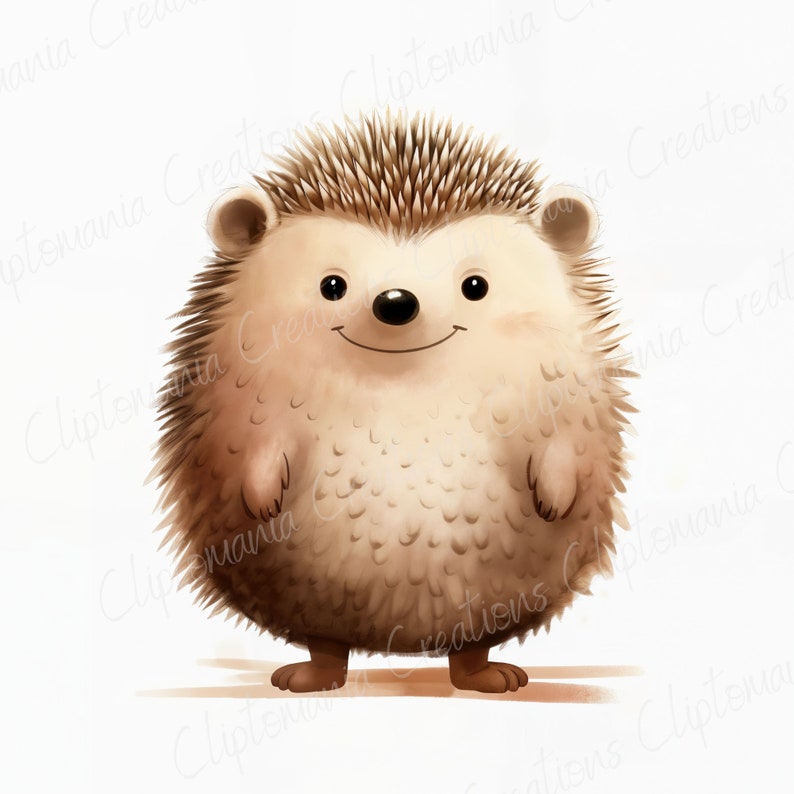 May include: A cute cartoon hedgehog with brown fur and a big smile. The hedgehog is standing on a white background.