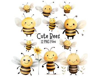 Lot de cliparts abeille aquarelle | Mignons bourdons, 12 fichiers PNG (usage commercial)