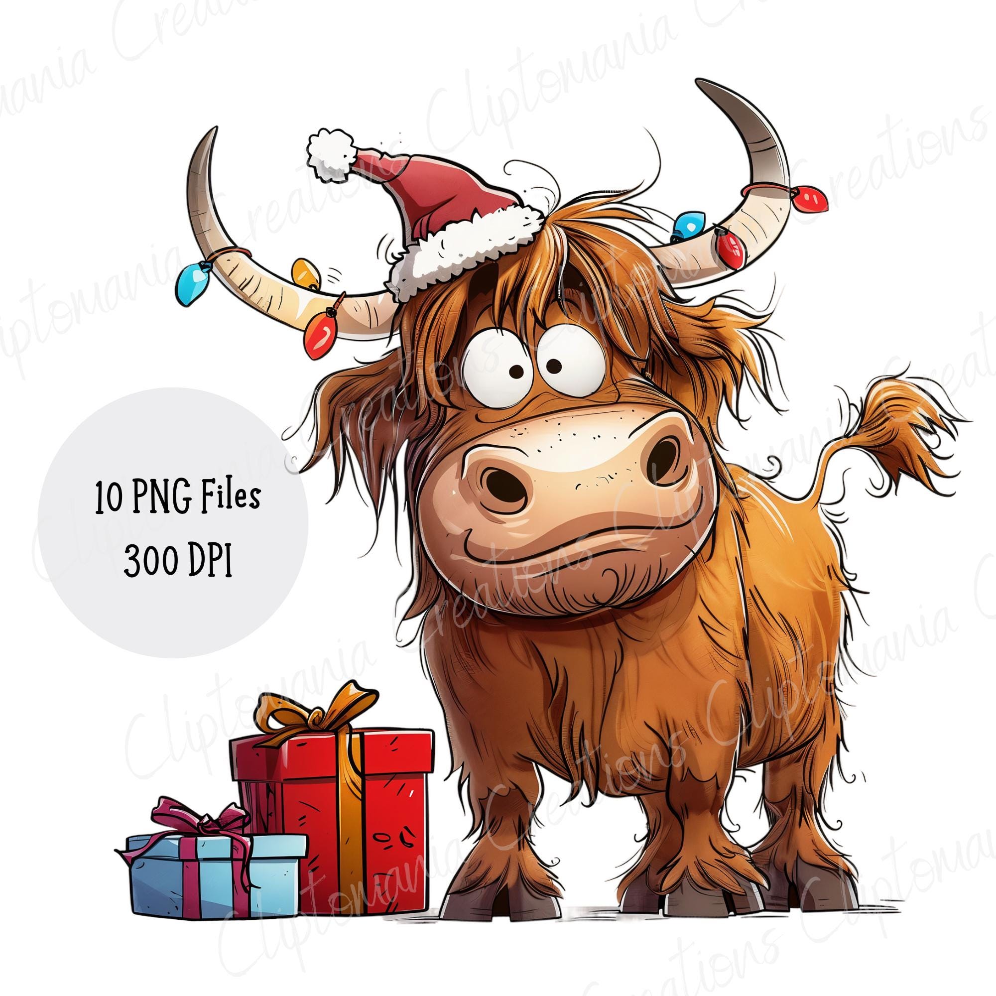 Cute & Funny Festive Highland Cow PNG Clipart Bundle | Transparent ...