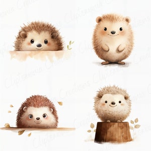 May include: Four illustrations of brown hedgehogs with black eyes and noses. One hedgehog is standing on a tree stump, another is peeking over a brown surface, and the other two are looking up at the viewer.